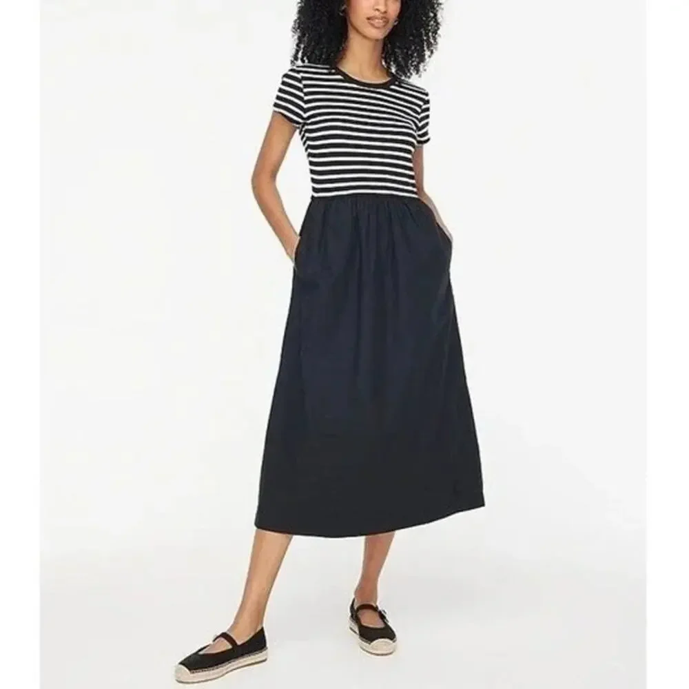 J. Crew Striped Knit Mixy Dress Short Sleeve Midi Black Ivory Womens Size Small - Picture 1 of 12